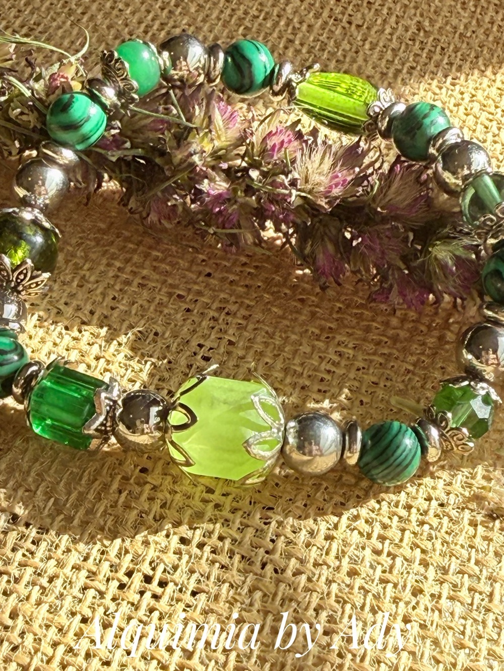 Malachite beaded silver STATEMENT BOHO Bracelet